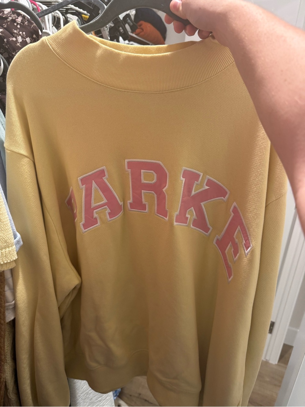 Parker Yellow Crewneck Sweatshirt with Pink Collegiate Letters